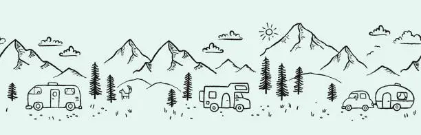 Vector illustration of Road trip seamless pattern, doodle camper vans, vanlife, adventure - great for textiles, banners, wallpapers - vector design