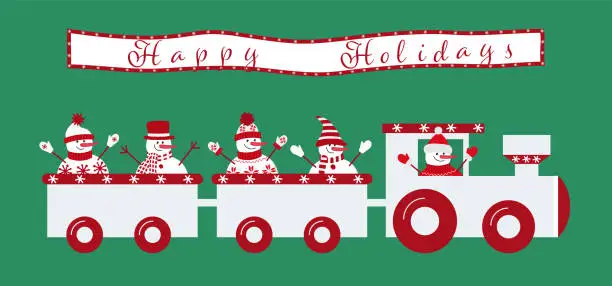 Vector illustration of Christmas train with snowmen