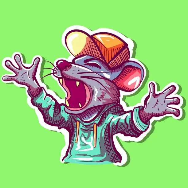 Vector illustration of Digital art of an angry rat screaming with his hands in the air. Vector of a hip hop mouse yelling and wearing casual clothes, a hoodie and a hat.