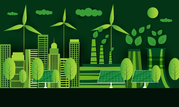 illustrazioni stock, clip art, cartoni animati e icone di tendenza di industria verde ed energie rinnovabili alternative. priorità bassa verde del paesaggio urbano ecologico - nature day plant leaf