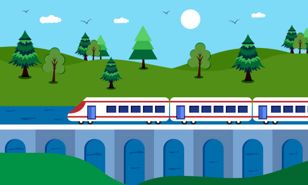 Train on railway and bridge with forest and river Train on railway and bridge with forest and river india train stock illustrations