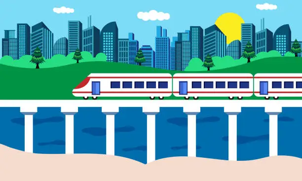 Vector illustration of Train on railway and bridge with forest and river. Cityscape panoramic