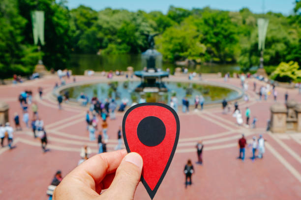 istock red marker points Bethesda Terrace in Central Park 1495088331