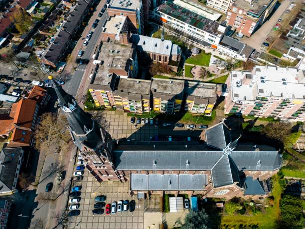 aerial shot of a bustling, vibrant eindhoven cityscape - eindhoven imagens e fotografias de stock