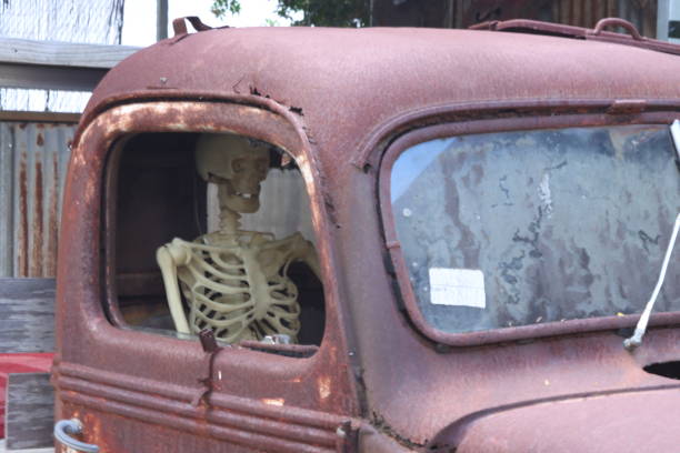 istock Skeleton sitting in an old truck 1495089868
