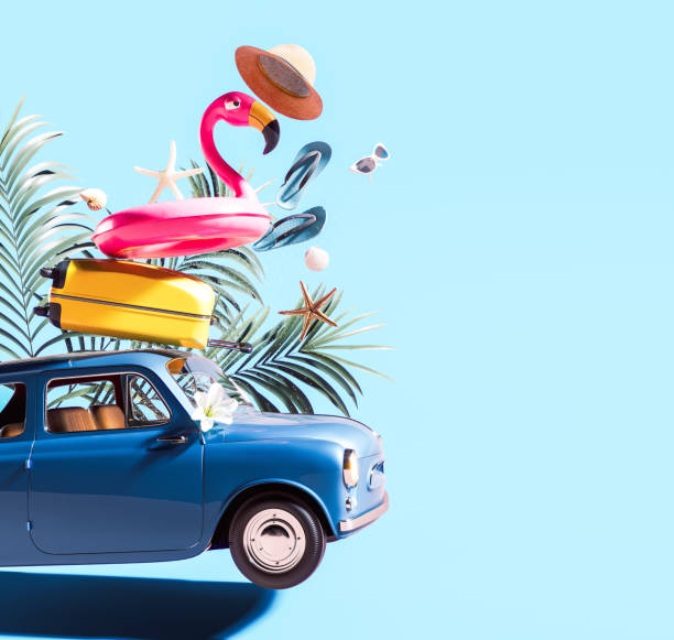 istock Blue retro car with luggage and summer accessories on blue background with copy space. 1495091726
