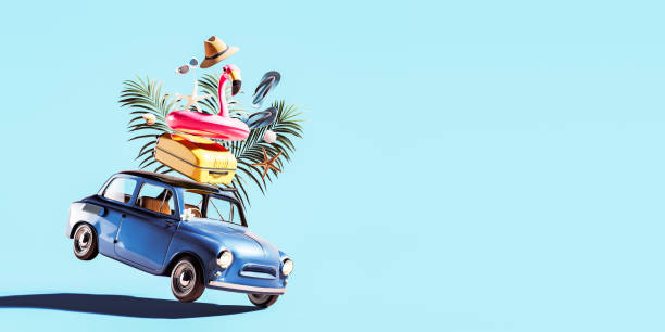 istock Blue retro car with luggage and summer accessories on blue background with copy space. Summer travel concept. 1495091738