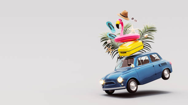 istock Blue retro car with luggage and summer accessories on grey background with copy space. Summer travel concept. 1495091747