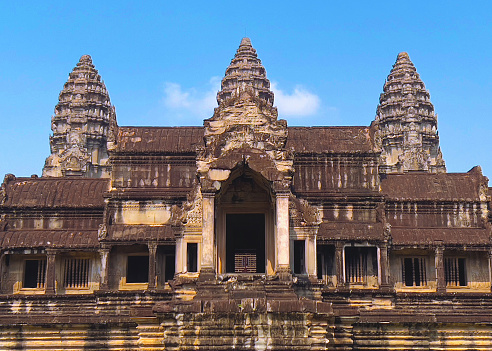 The Bayon is a well-known and richly decorated Khmer temple at Angkor in Cambodia. Built in the late 12th or early 13th century as the official state temple of the Mahayana Buddhist King Jayavarman VII, the Bayon stands at the centre of Jayavarman's capital, Angkor Thom. 