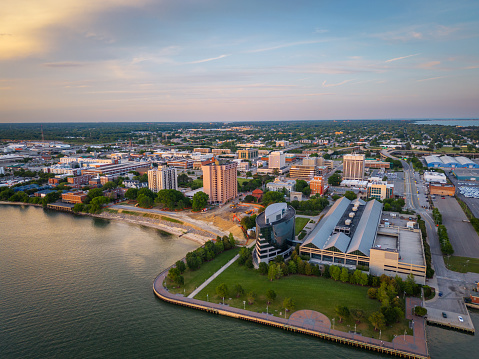 Drone Aerial View of Downtown Mobile Alabama AL Skyline.