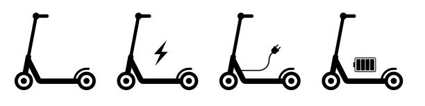 illustrazioni stock, clip art, cartoni animati e icone di tendenza di set di icone elettro scooter. trasporto ecologico - monopattino elettrico