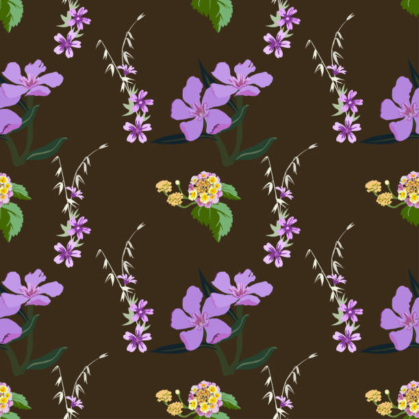 ilustrações, clipart, desenhos animados e ícones de padrão floral sem costura do vetor em um fundo marrom escuro flores diferentes - brown silk satin backgrounds