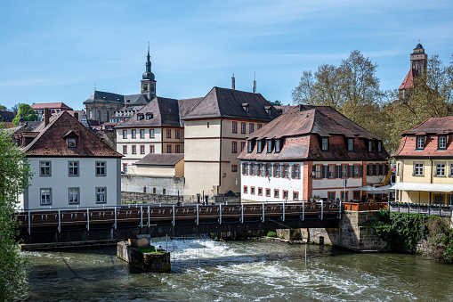View of historic old town and Regnitz river in Bamberg, Germany.