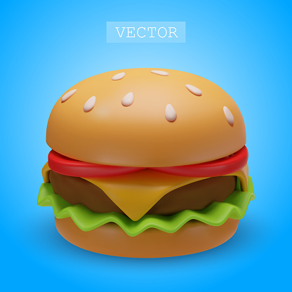 Vector 3D Cheeseburger. 3D Render Fast Food, Hamburger. Junk Unhealthy Food. Bright Plastic, Clay Illustration In Cartoon Style On A Blue Background