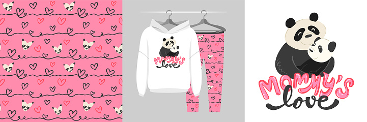 Seamless pattern and illustration set with family hugs, mom and baby panda, Mommys Love text. Cute design pajamas on a hanger. Baby background for tee prints, room decor, baby shower, fabric design