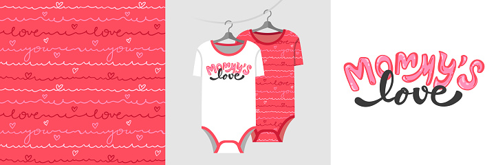 Seamless pattern and illustration set with heart and lettering Mommys Love. Cute design pajamas on a hanger. Baby background for apparel, room decor, tee prints, baby shower, fabric