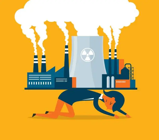 Vector illustration of Warming and environmental contamination - Businesswoman