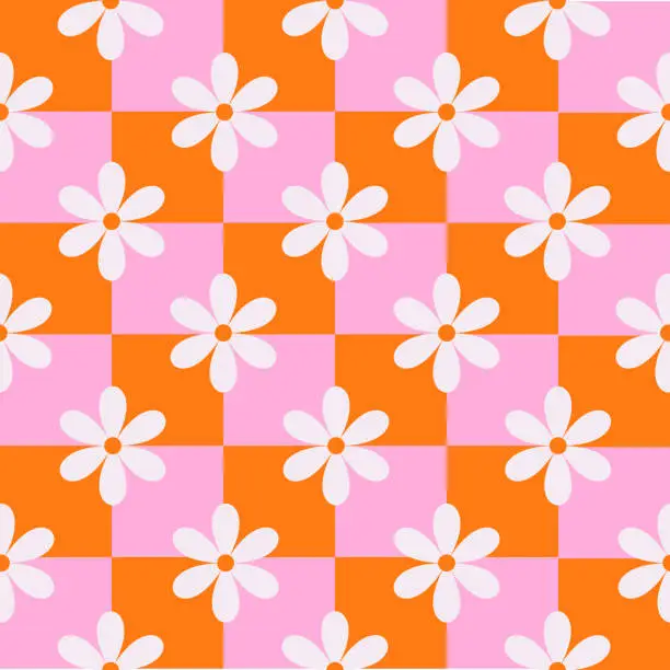 Vector illustration of White Flowers on pink and orange checkered sqaures seamless pattern