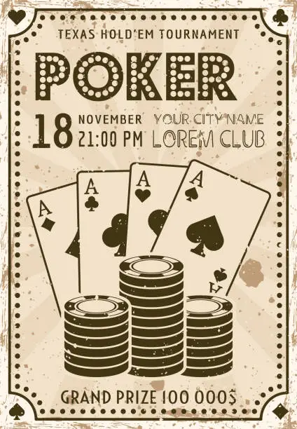 Vector illustration of Poker tournament invitation vintage poster. Vector illustration with sample text and grunge texture on separate layers