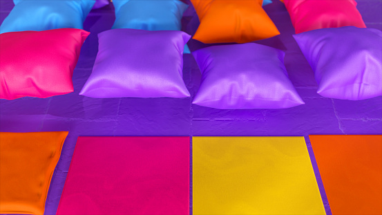 Close-up. Purple, yellow, orange, blue pillows inflate. Pillows float above the floor. 3d illustration. High quality 3d illustration