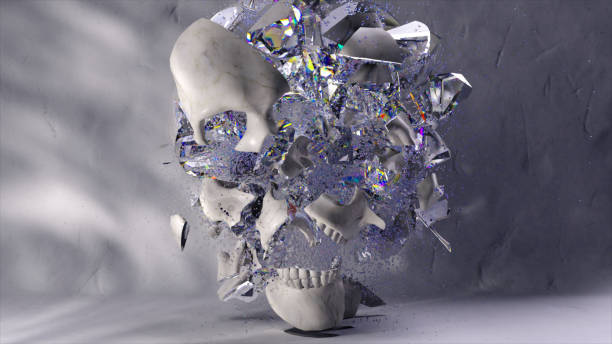 istock Abstract concept. The white skull shatters into many diamond shards. Slow motion. White background. 1495106229