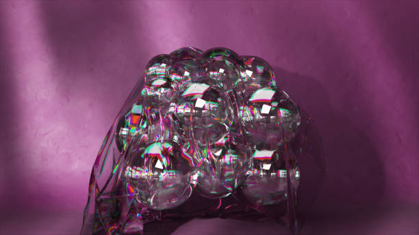 istock Smooth transparent rainbow balls move on a purple background. Wave. Close-up. Transparent cape on top of the balls 1495106481