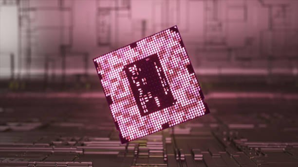 istock The microchip rotates above the floor. Pink neon light. Abstract background. Computer. Artificial intelligence. 1495106681