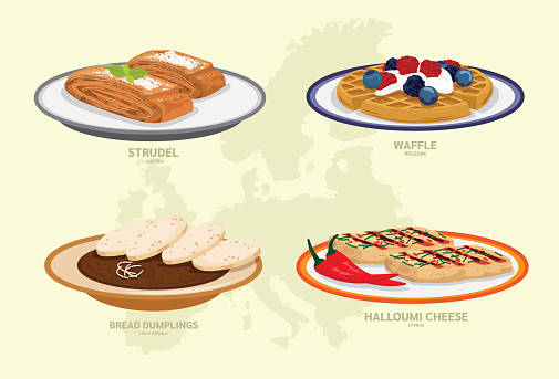 Traditional tasty cuisine. Cartoon of belgian waffles, Austria strudel, Cyprus Grilled Halloumi Cheese, Czech republic bread dumplings