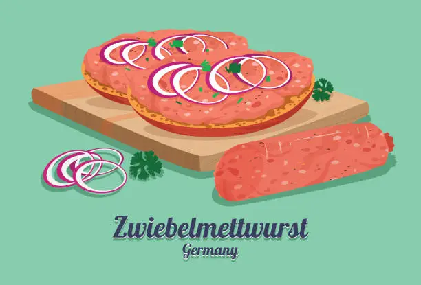 Vector illustration of Traditional tasty cuisine. Cartoon of Zwiebelmettwurst. A Classic German Spread With Onion.