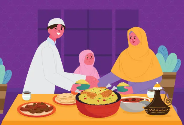 Vector illustration of Traditional Arabic family having dinner together. People of different generation together.