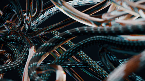 istock Multi-colored and transparent wires, curved and tangled, create an aesthetic confusion. Black isolated background. 1495107530