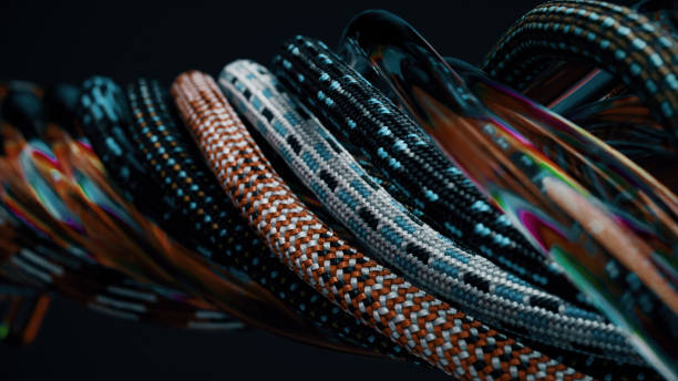 istock Moving data cables. Transparent wire with liquid inside. Stretch and move in waves. Fabric rope. Black background. 1495107566