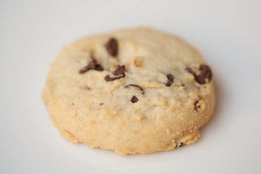 Macrophotography of a chocolate chips cookie.