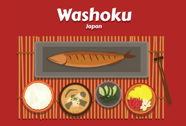 Vector illustration of Washoku, The traditional cuisine of Japan is based on rice with miso soup and other dishes