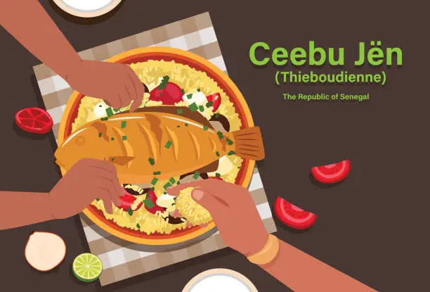 Vector illustration of Ceebu jen. Senegalese Fish and Rice. The national dish of Senegal, this combination of fish, rice, and vegetables