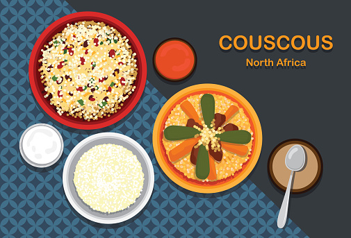 Couscous sometimes called kusksi or kseksu  is a traditional North African dish of small steamed granules of rolled semolina that is often served with a stew spooned on top