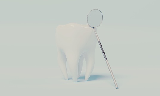 An illustration of a single white tooth with a dental tool on an isolated background