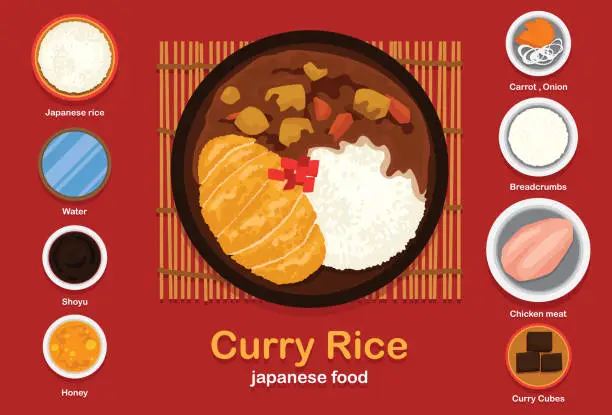 Vector illustration of Japanese ordinary curry rice katsu. Potatoes, carrots, onions and beef or chicken in spicy yellow curry with steamed rice.