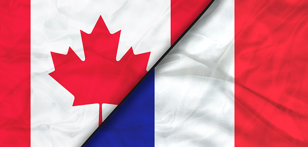 Illustration of France and Canada flags together waving in the wind. High quality illustration.