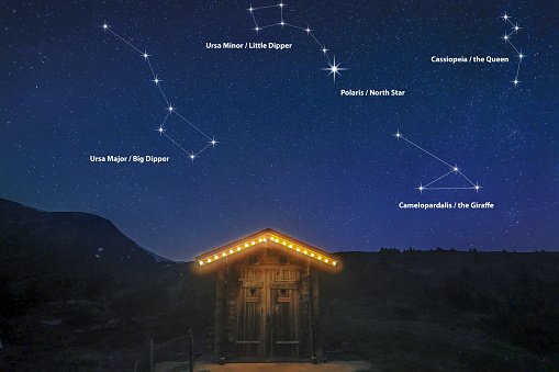 A real night scene on a mountain hut with starry sky showing star constellations of dippers, polaris, the queen and giraffe