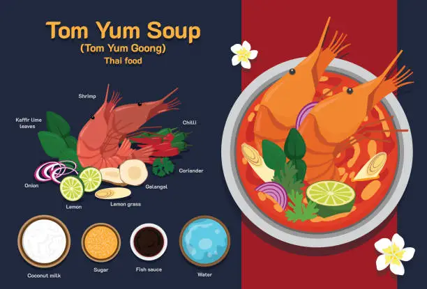 Vector illustration of Tom Yum Kung with coconut milk the famous Thai dish and food menu with ingredients for cooking.