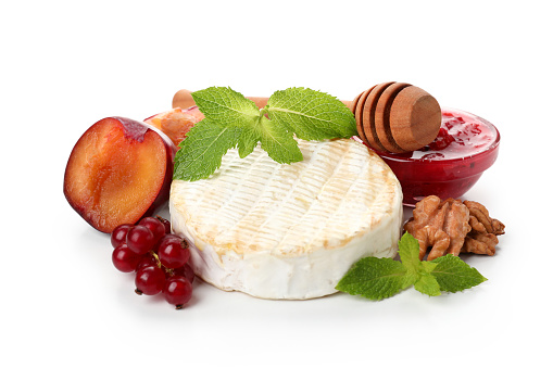 Concept of tasty food with grilled camembert isolated on white background.