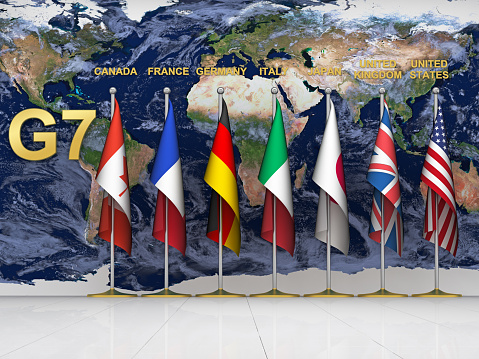 Group of Seven (G7) is forum for the governments of seven of the world's largest economies. Texture for Earth get from Nasa http://www.nasa.gov/vision/earth/features/bmng_gallery_4.html