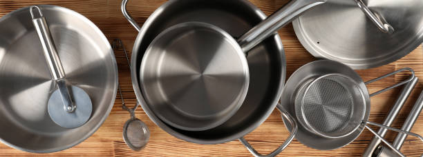 istock Kitchen utensil on wooden table, top view 1495118923