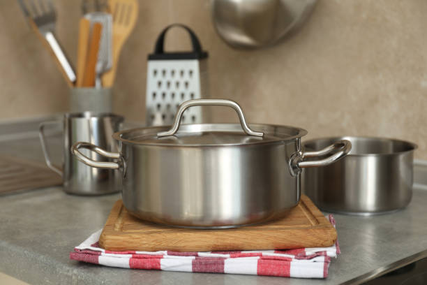 istock Concept of kitchen utensil with metal pot, selective focus 1495119500