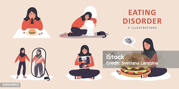 istock Eating disorder. Sad arabian woman worries about being overweight. Overeating, bulimia, anorexia. Food addiction concept. Rejection of yourself. Set of vector illustrations in flat cartoon style 1495119921
