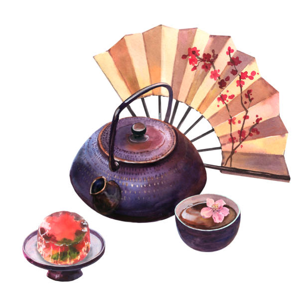보라색 찻주전자, 차 한잔, 세라믹 접시에 젤리 체리, 일본 선풍기가 있는 수채화 아시아 차 세트, 흰색 배경에 격리되어 있다. - green tea cherry blossom china cup stock illustrations