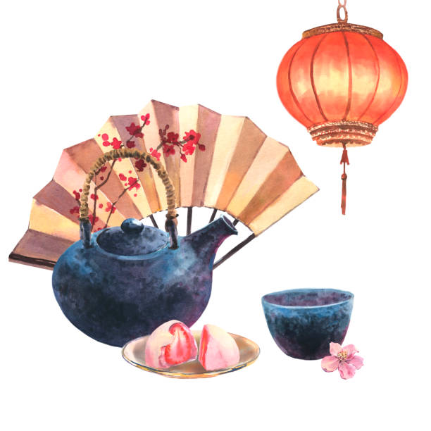 illustrations, cliparts, dessins animés et icônes de service à thé asiatique aquarelle avec théière bleue dack, tasse de thé bleue, daifuku à la fraise du désert sur plaque de verre et lanterne japonaise et éventail japonais, isolat sur fond blanc - sakura traditional culture japanese culture japan