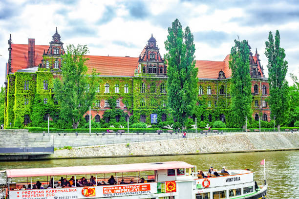 вроцлавский национальный музей и пассажирский теплоход на реке одер. белый круизный лайнер в городе, польша - odra river стоковые фото и изображения