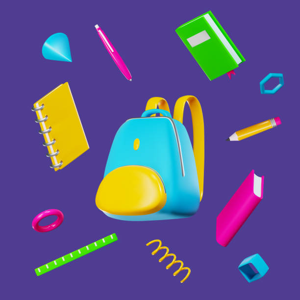 istock Rendering a set of objects for the school. Backpack, pencil, pen and books. Vector illustration in 3d style isolated background 1495121135